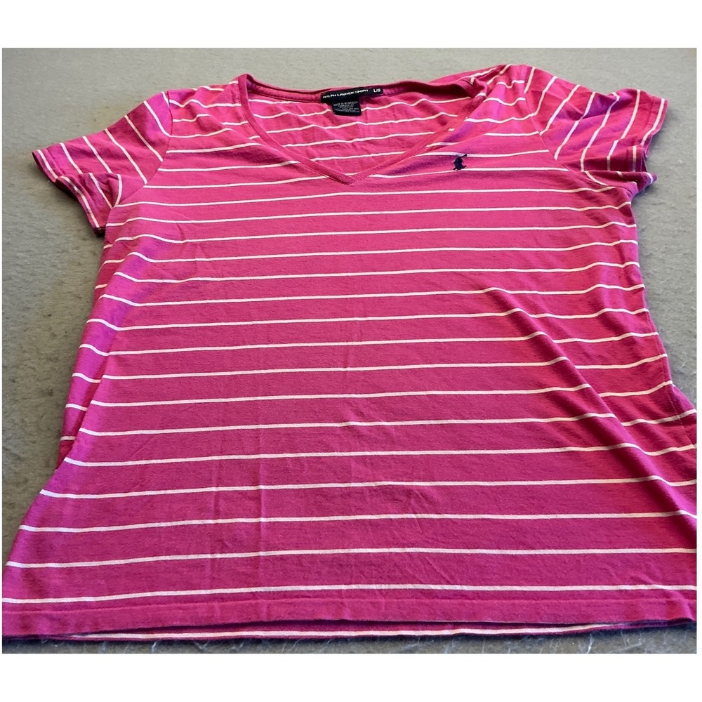 Ralph Lauren‎ Sport Pink Striped V-Neck T-Shirt Size L Short Sleeve Cotton Tee
